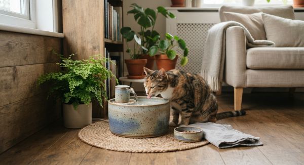 Un coin eau discret pour le chat : place et entretien d’une fontaine en céramique